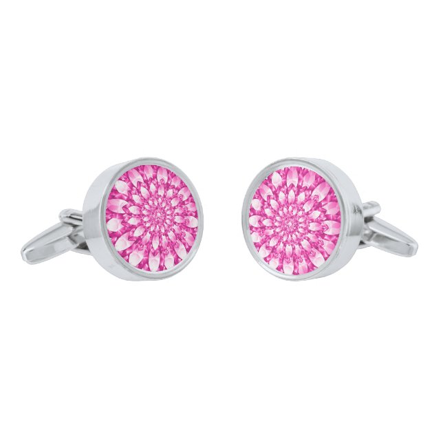 Pink Tones Diamonds Print Mandala Design Silver Cufflinks (Angled)