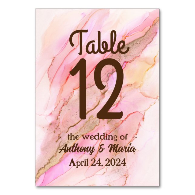 Pink Tones in Clouds of Ink With Gold Table Number (Front)