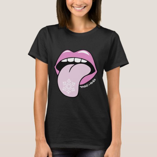 Pink Tongue Catching Snowflakes on black T_Shirt