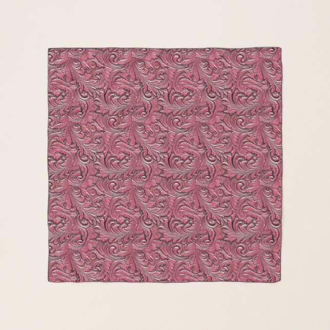 Pink tooled embossed leather floral cowgirl scarf (Front)