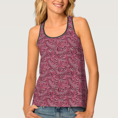 Pink tooled embossed leather floral cowgirl tank top