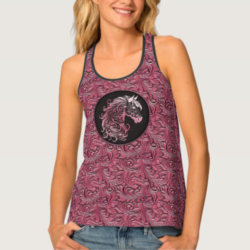Pink tooled embossed leather horse cowgirl tank top