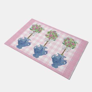 Pink Topiary Blue Rose Ginger Jar Doormat Rug