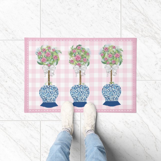 Pink Topiary Blue Rose Ginger Jar Doormat Rug (Indoor)