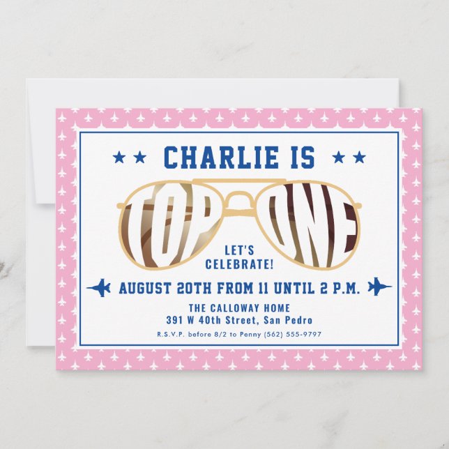 Pink TopOne Fighter Pilot Themed First Birthday Invitation (Front)