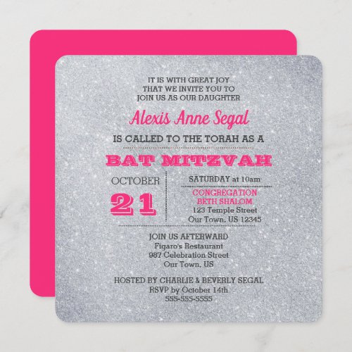 Pink Tourmaline and Silver Glitter Bat Mitzvah Invitation