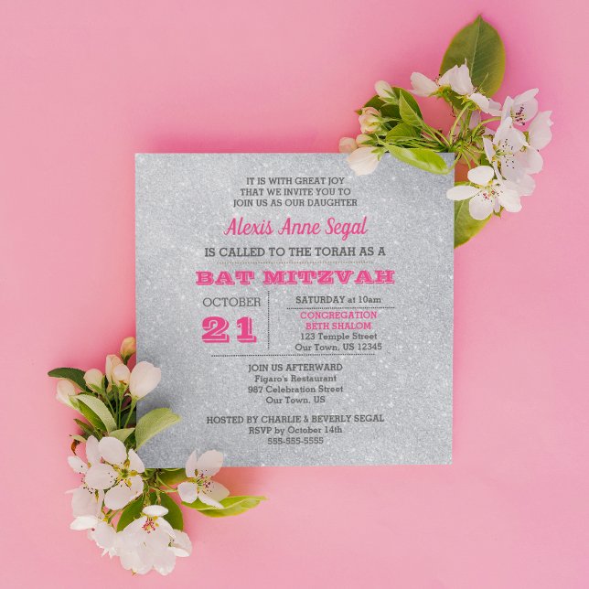Pink Tourmaline and Silver Glitter Bat Mitzvah Invitation (Creator Uploaded)