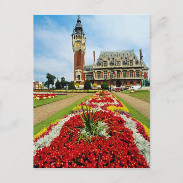 Pink Town Hall, Calais, France flowers Postcard (Front)