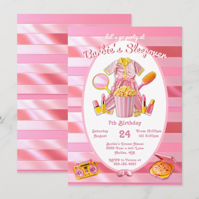 Pink toy doll Sleepover Slumber Birthday Party Invitation (Front/Back)