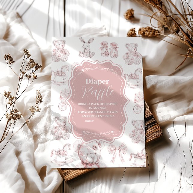 Pink Toys Toile De Jouy Baby Shower Diapper Raffle Enclosure Card (Creator Uploaded)