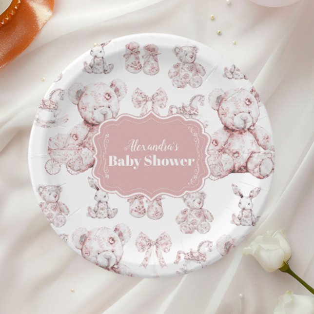 Pink Toys Toile De Jouy Baby Shower Paper Plates (Creator Uploaded)