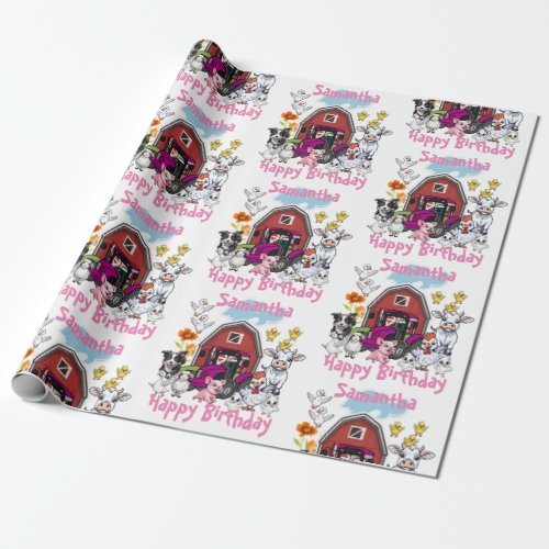 Pink Tractor Adorable Farm Animals Red Barn Gift Wrapping Paper