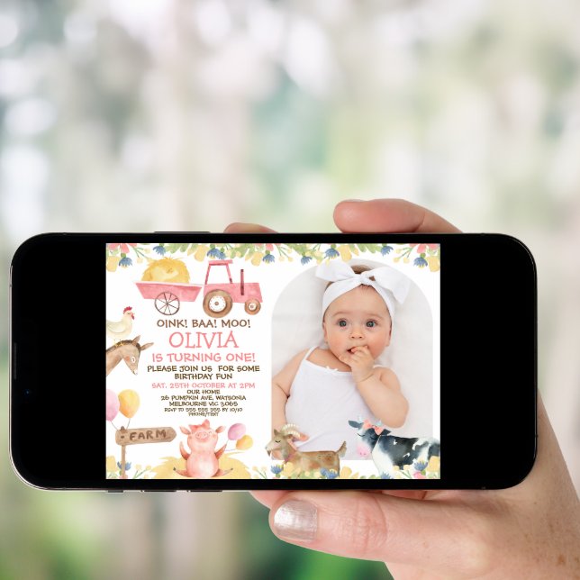 Pink Tractor Arch Farm Animals 1st Birthday Invitation (Front Digital)