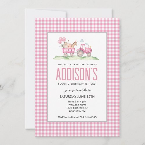 Pink Tractor Birthday, Girl Farm Invitation 