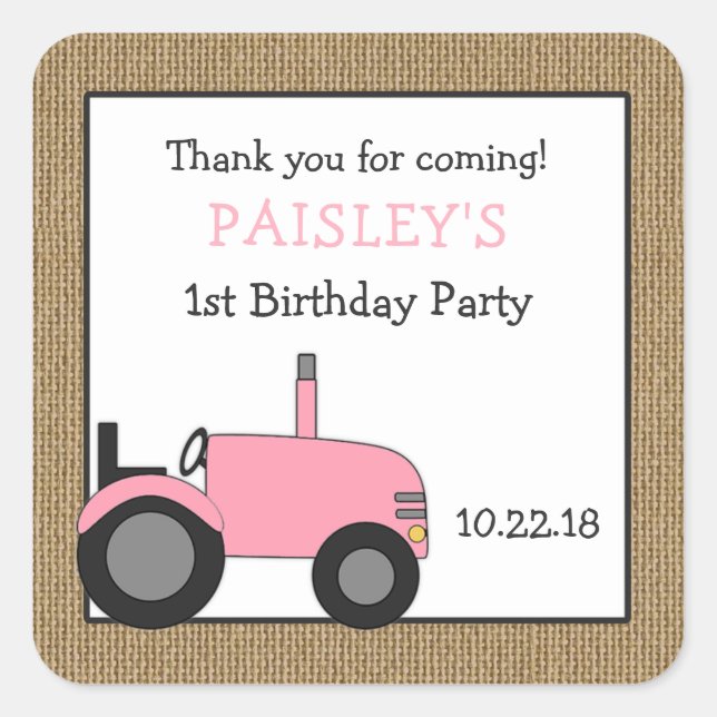 Pink tractor birthday party favor sticker (Front)