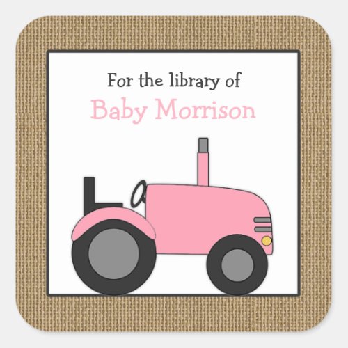 Pink tractor burlap frame square sticker