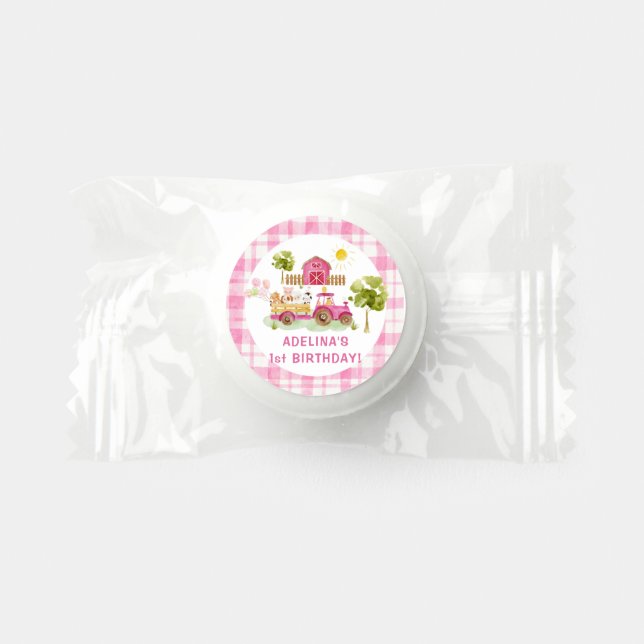 Pink tractor farm animals birthday life saver® mints (Front)