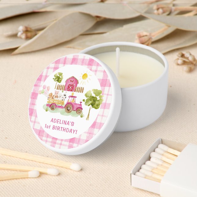 Pink tractor farm animals birthday mini candle favors (Insitu)