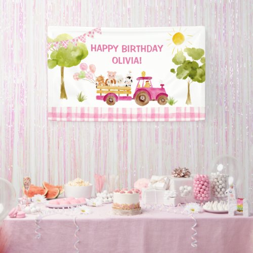 Pink tractor farm animals birthday party banner