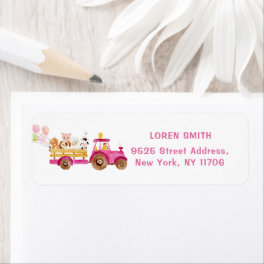 Pink tractor farm animals birthday return address label