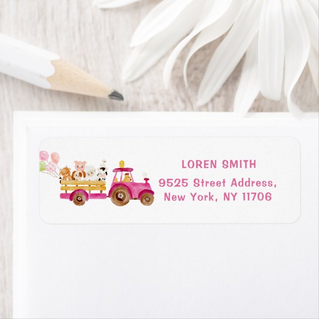 Pink tractor farm animals birthday return address label (Insitu)