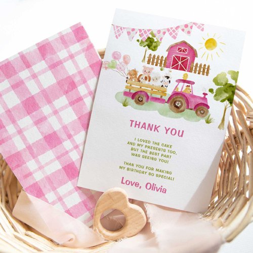 Pink tractor farm animals birthday thank you card
