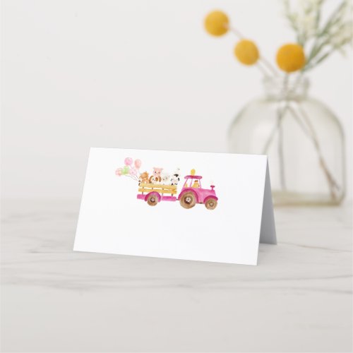 Pink tractor farm animals girl birthday food label place card