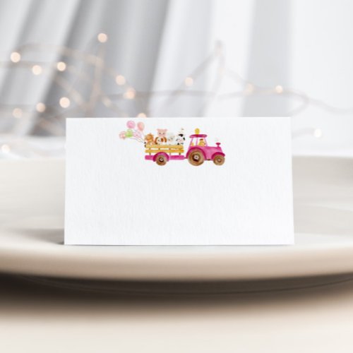 Pink tractor farm animals girl birthday place card