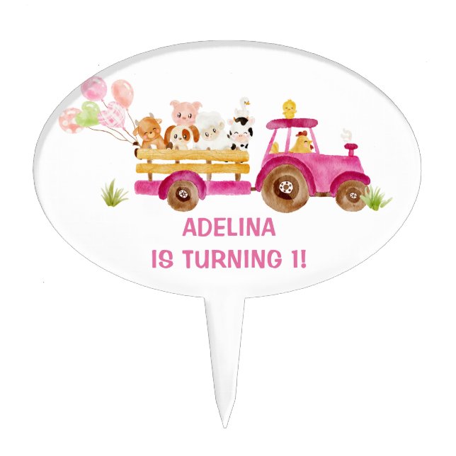 Pink tractor farm animals Oval Cakepick (Front)