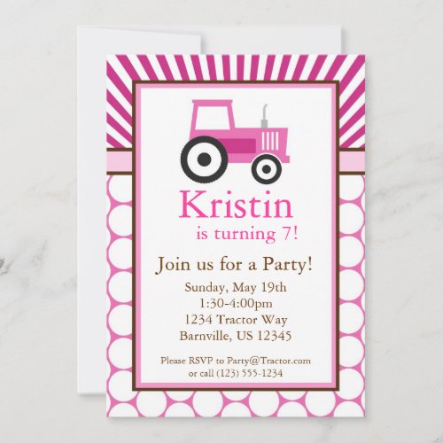 Pink Tractor Farm Birthday Party Invite