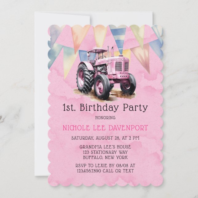 Pink Tractor Flag Girl 1st Birthday Party Invitation (Front)