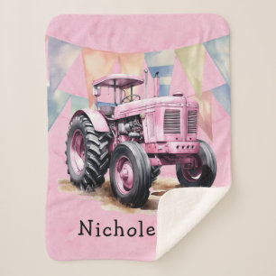 Pink Tractor Flag Watercolor Girl Baby Shower Gift Sherpa Blanket