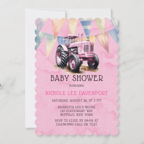 Pink Tractor Flag Watercolor Girl Baby Shower Invitation