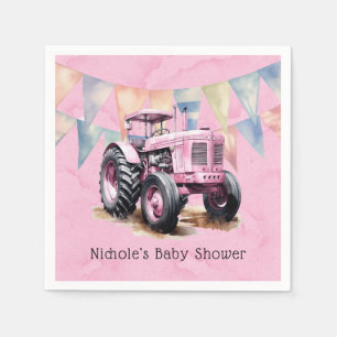 Pink Tractor Flag Watercolor Girl Baby Shower Napkins