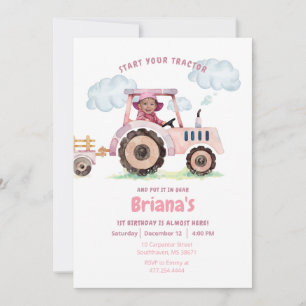 Pink Tractor Girl Any Age Birthday Photo Invitation