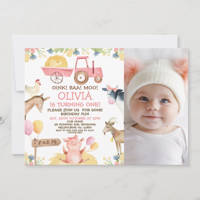 Pink Tractor Photo Farm Animals 1st Birthday Invitation (Front)
