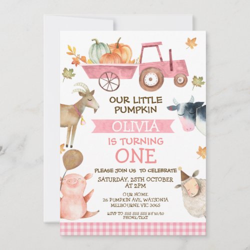 Pink Tractor Pumpkin And Farm Animals 1st Birthday Invitation