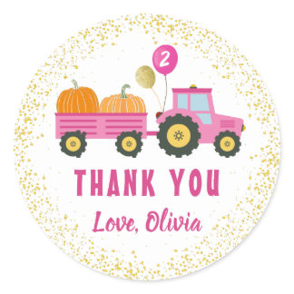 Pink Tractor Pumpkin Autumn Birthday Thank You Classic Round Sticker