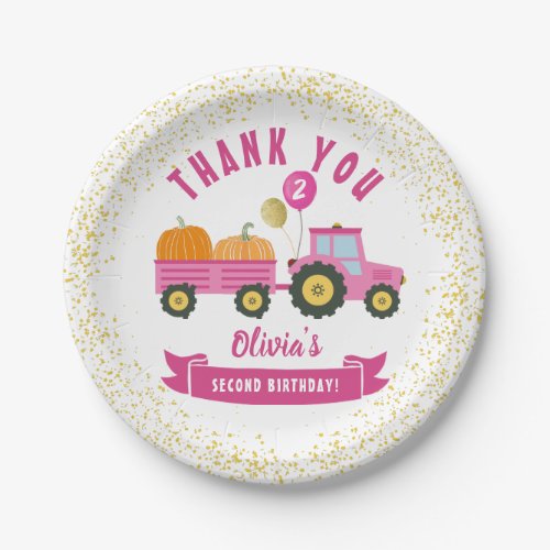 Pink Tractor Pumpkin Autumn Birthday Thank You Paper Plates