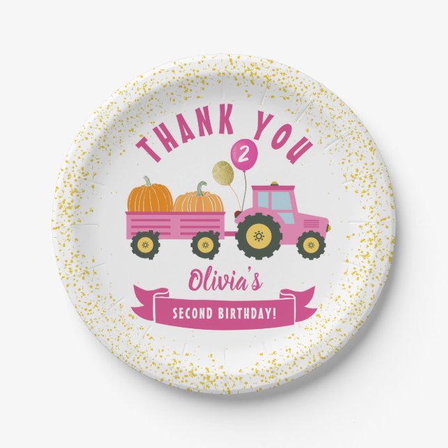 Pink Tractor Pumpkin Autumn Birthday Thank You Paper Plates (Front)
