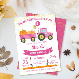 Pink Tractor Pumpkin Girls Autumn Birthday Invitation
