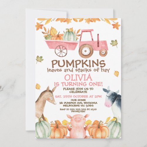 Pink Tractor Pumpkins Farm Animals 1st Birthday Invitation