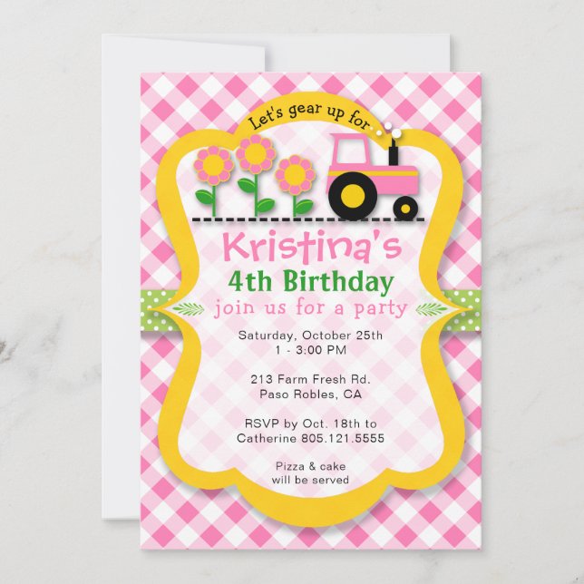 Pink Tractor Sunflower Girls Birthday Party Invite (Front)