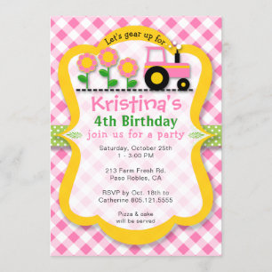 Pink Tractor Sunflower Girls Birthday Party Invite