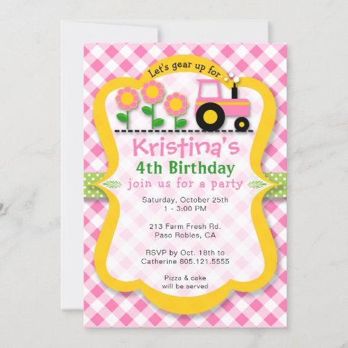 Pink Tractor Sunflower Girls Birthday Party Invite