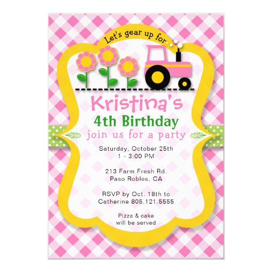 pink tractor sunflower girls birthday party invite zazzle com