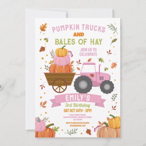 Pink Tractors Pumpkin Birthday Harvest Party  Invitation
