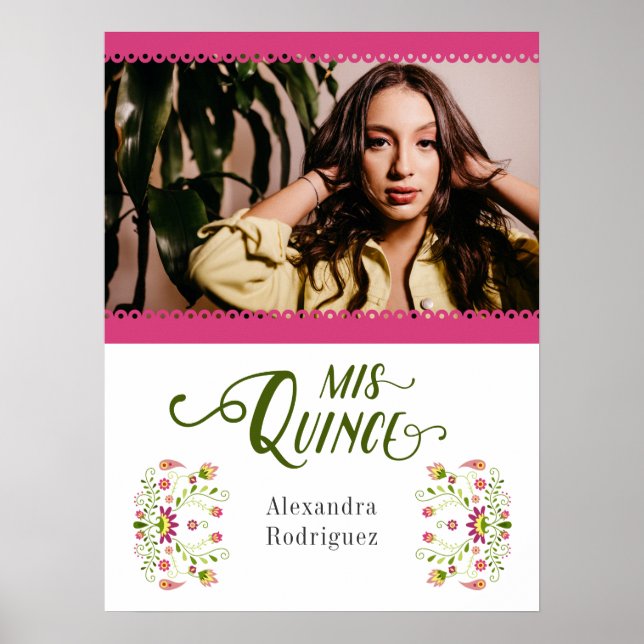 Pink Traditional Mexican Floral Photo Quinceanera Poster (Front)