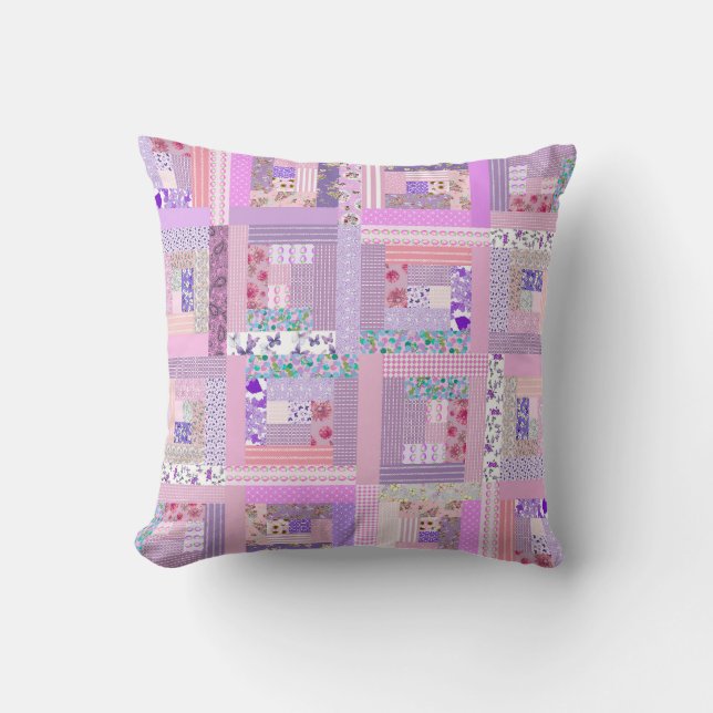 Pink Traditional Patchwork Quilt Retro Faux Sewing Throw Pillow (Front)