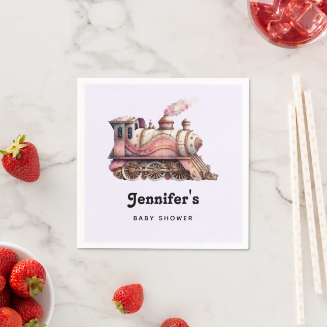 Pink Train Engine Vintage Steampunk Baby Shower Napkins (Insitu)
